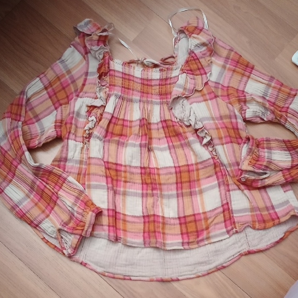 We The Free Pink and Orange Plaid Top